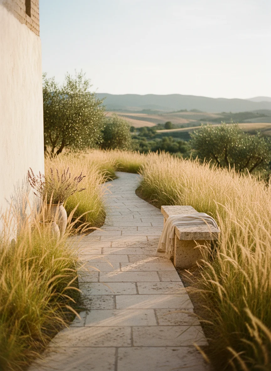 A stone path winding through tall golden grasses in soft evening light