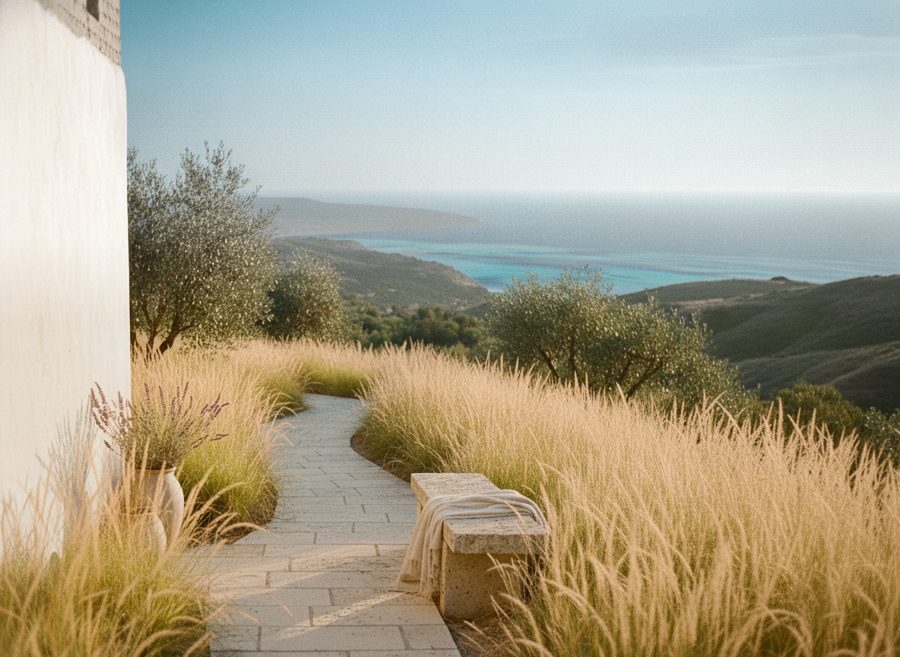 A stone path winding through golden grasses toward rolling green hills and a turquoise coastline