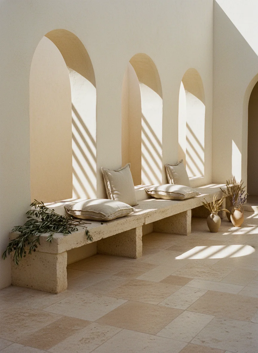 A long stone bench under three arched openings, warm light across linen cushions
